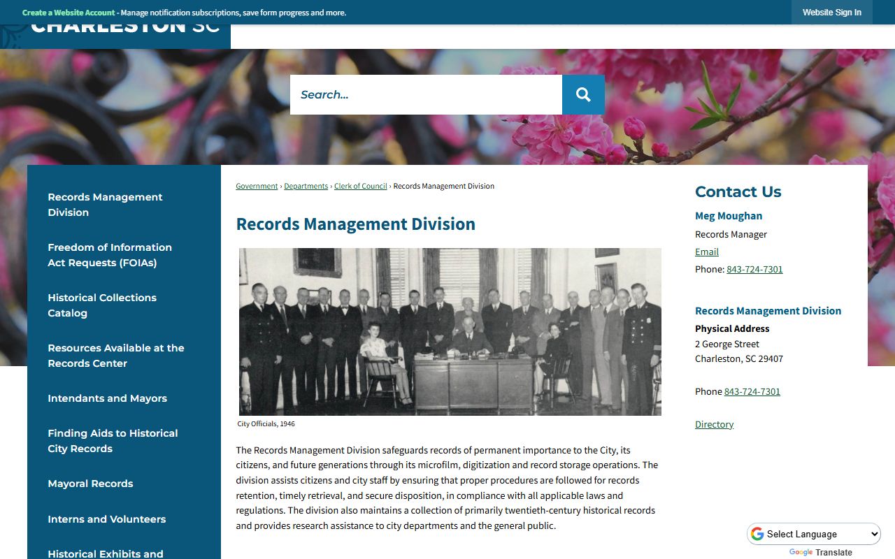 Charleston Records Management Division phone directory and office contacts