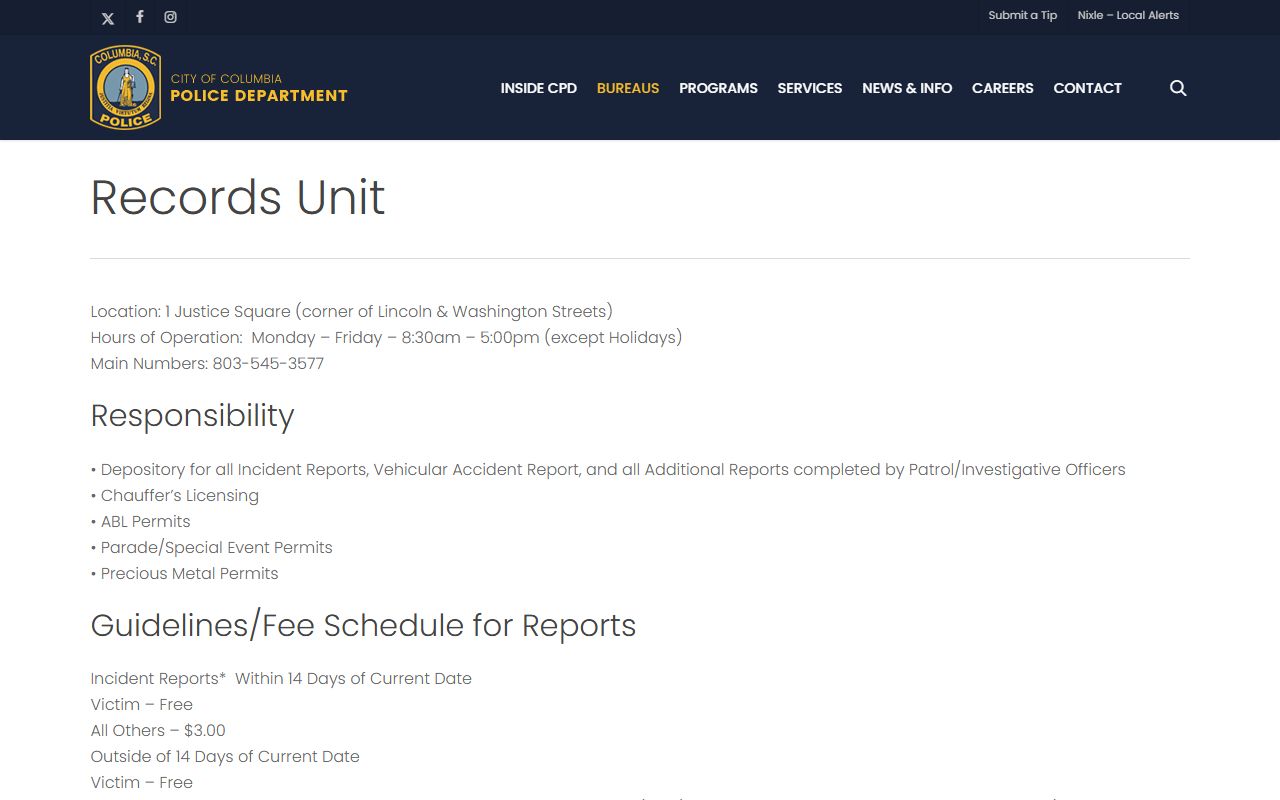 Columbia Police records division for public record requests in Columbia SC