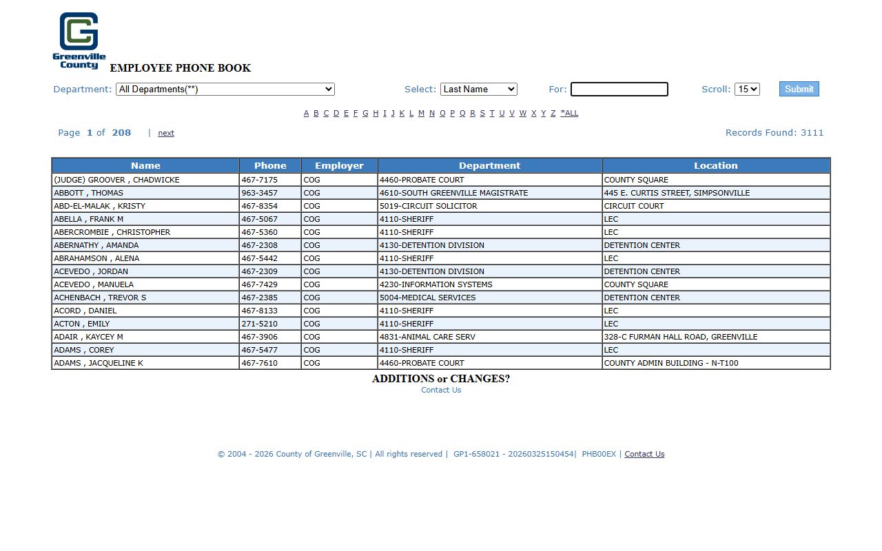 Greenville County employee phonebook search tool for the Greenville phone directory