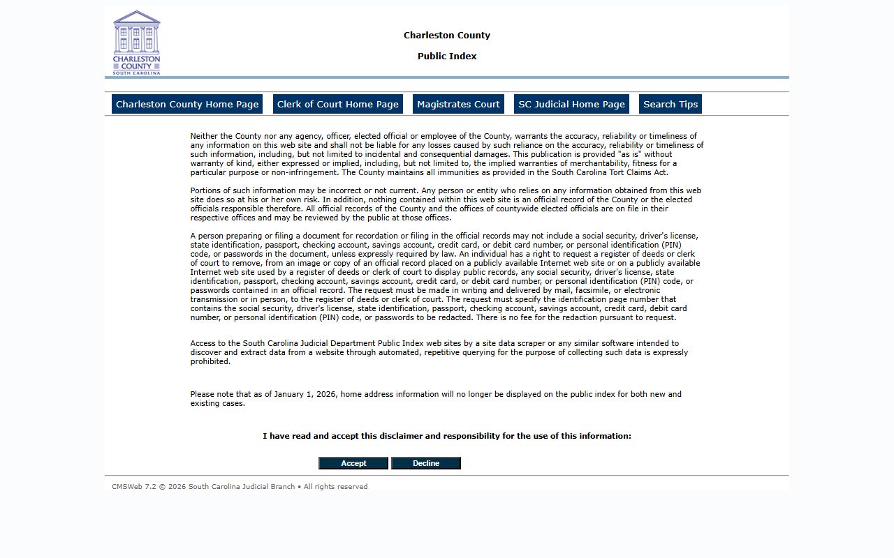 Charleston County JCMS Public Index for court case phone directory searches