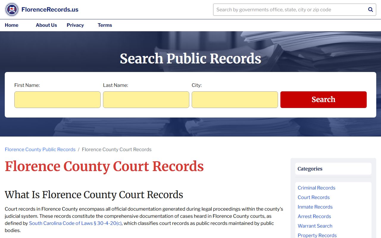 Florence court records portal for searching case data in Florence County SC