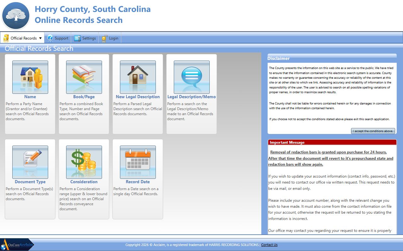 AcclaimWeb land records search tool for Horry County property documents