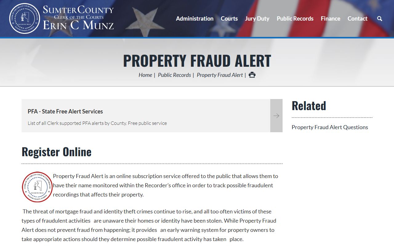 Sumter County Property Fraud Alert sign-up page for Sumter SC residents