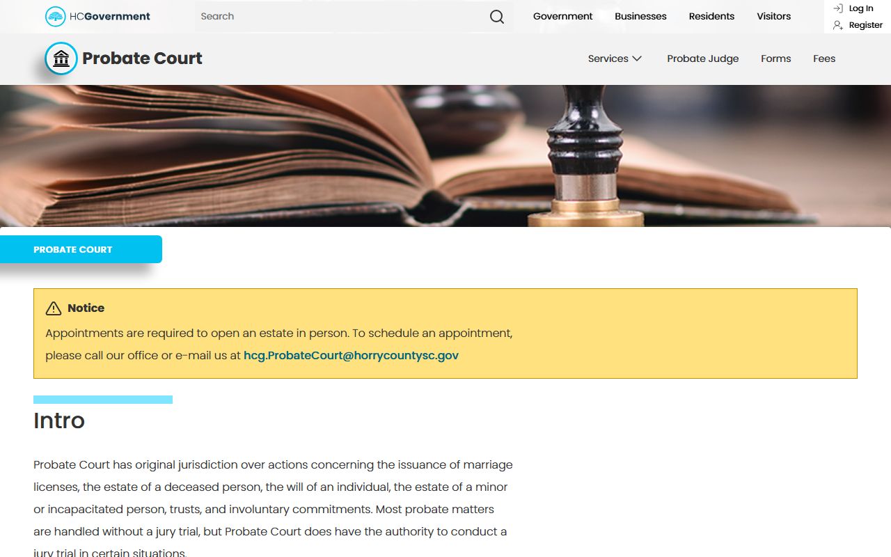 Horry County Probate Court office page for estate and guardianship cases