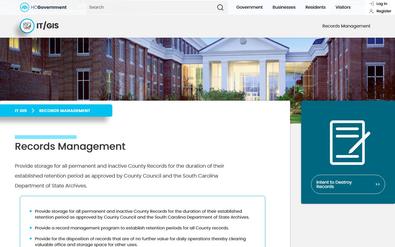 Horry County Records Management office page in Conway, South Carolina