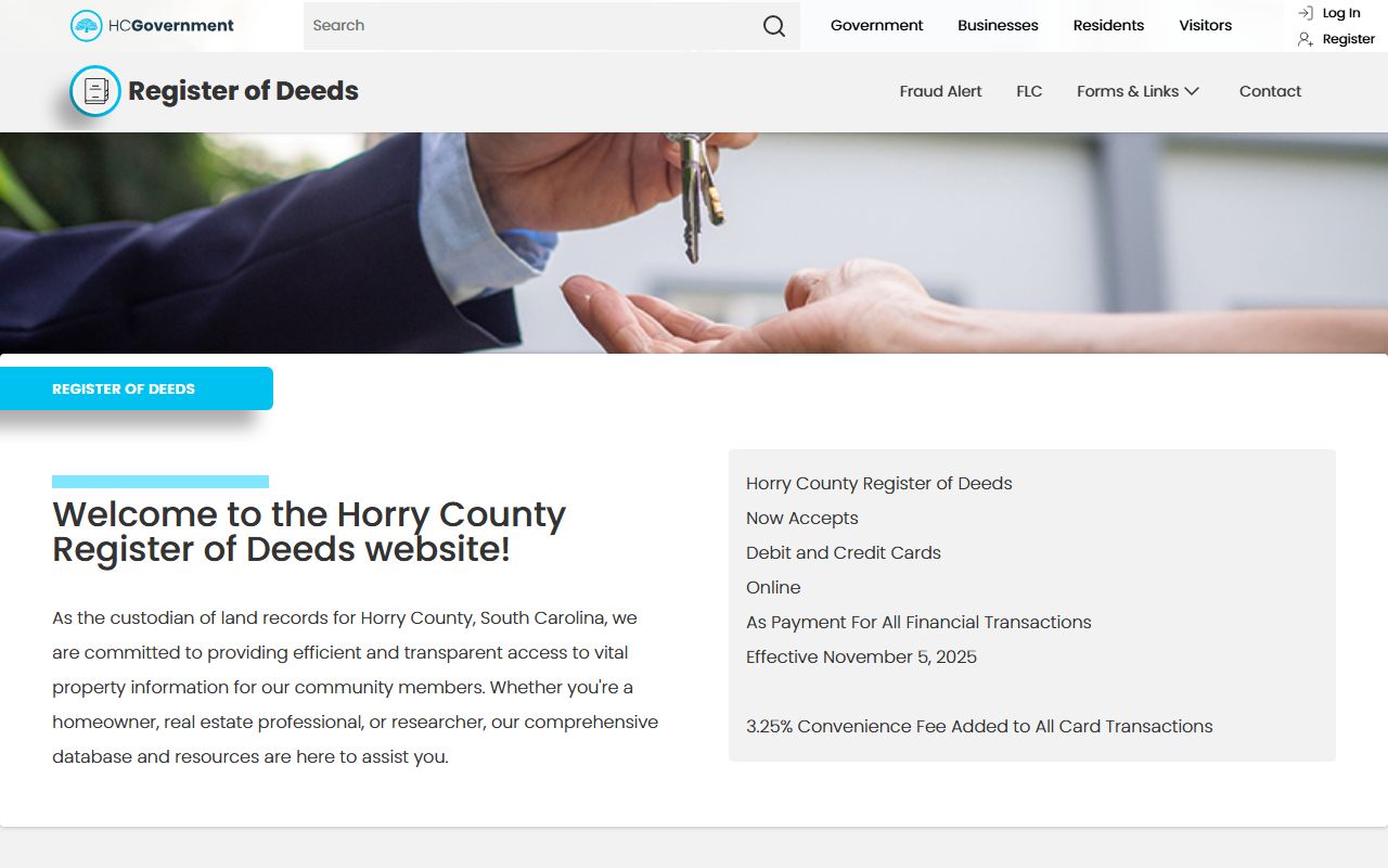 Horry County Register of Deeds office page for land document filings in South Carolina