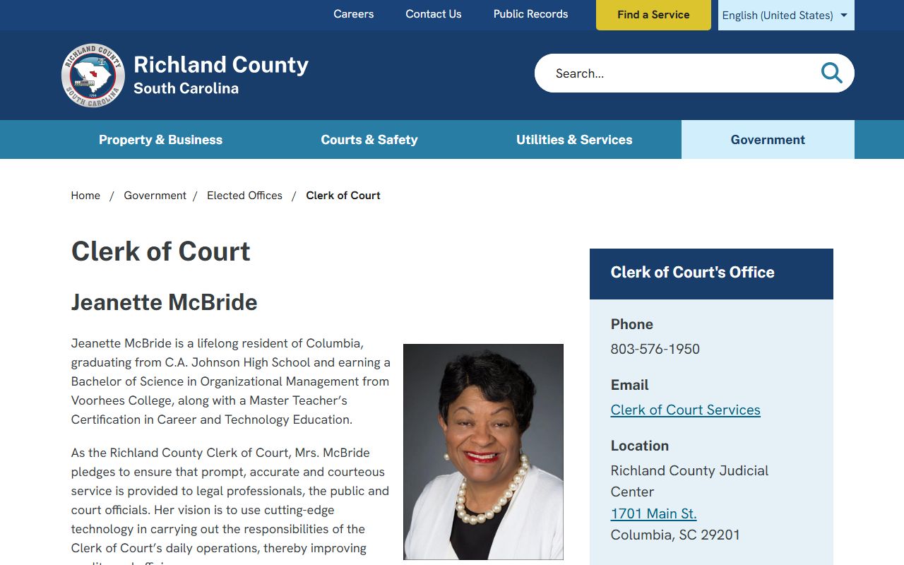 Richland County Clerk of Court directory listing for South Carolina phone directory