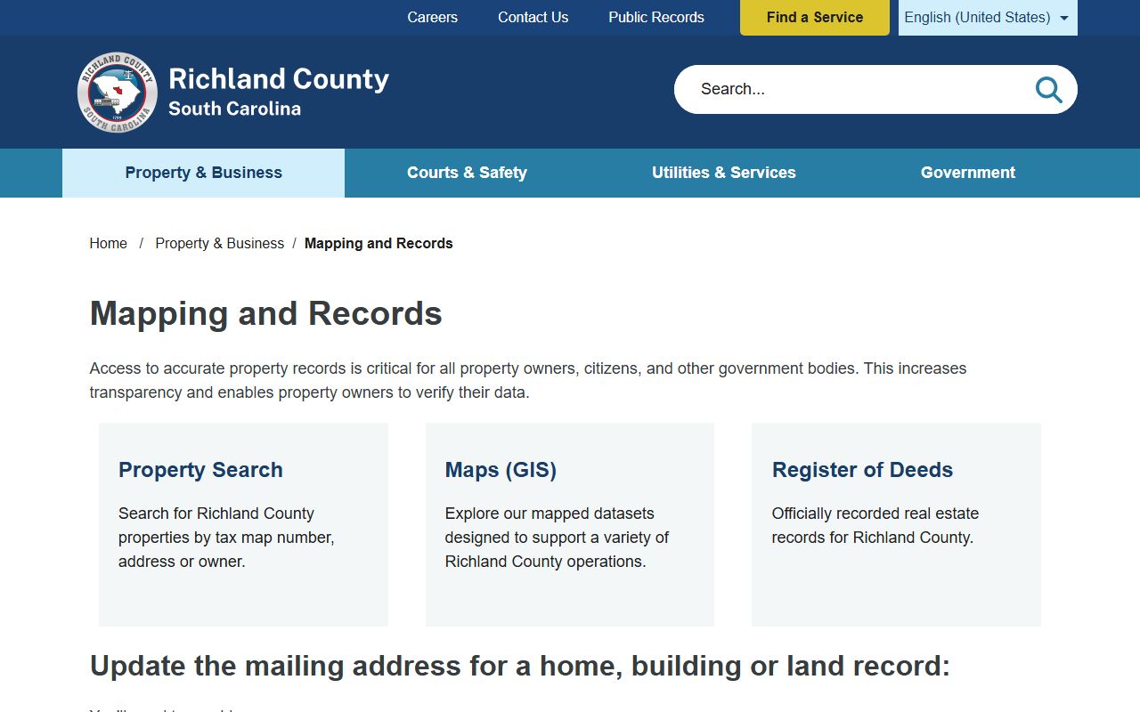 Richland County mapping and records page for South Carolina phone directory