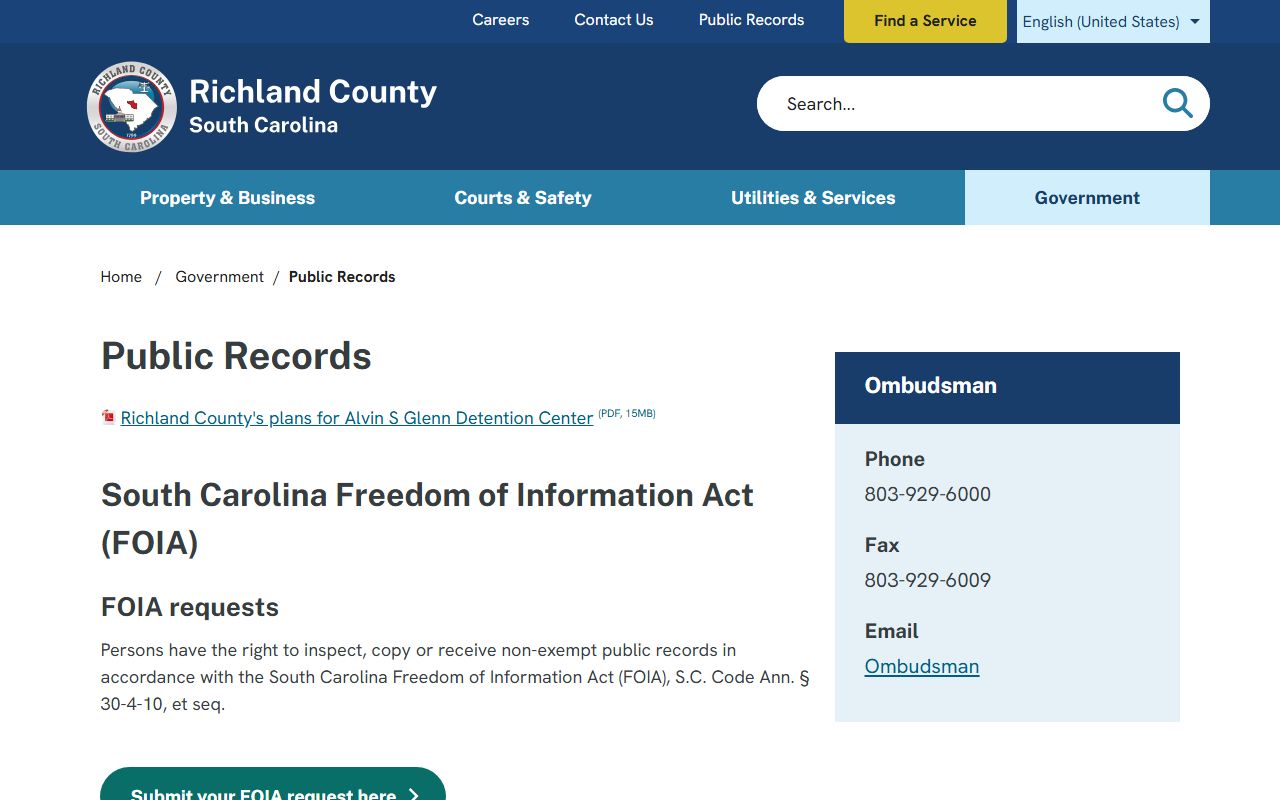 Richland County public records request page for the South Carolina phone directory