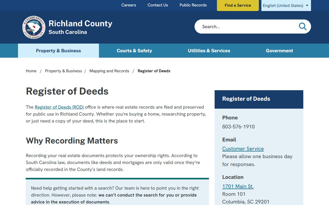 Richland County Register of Deeds contact page in the South Carolina phone directory