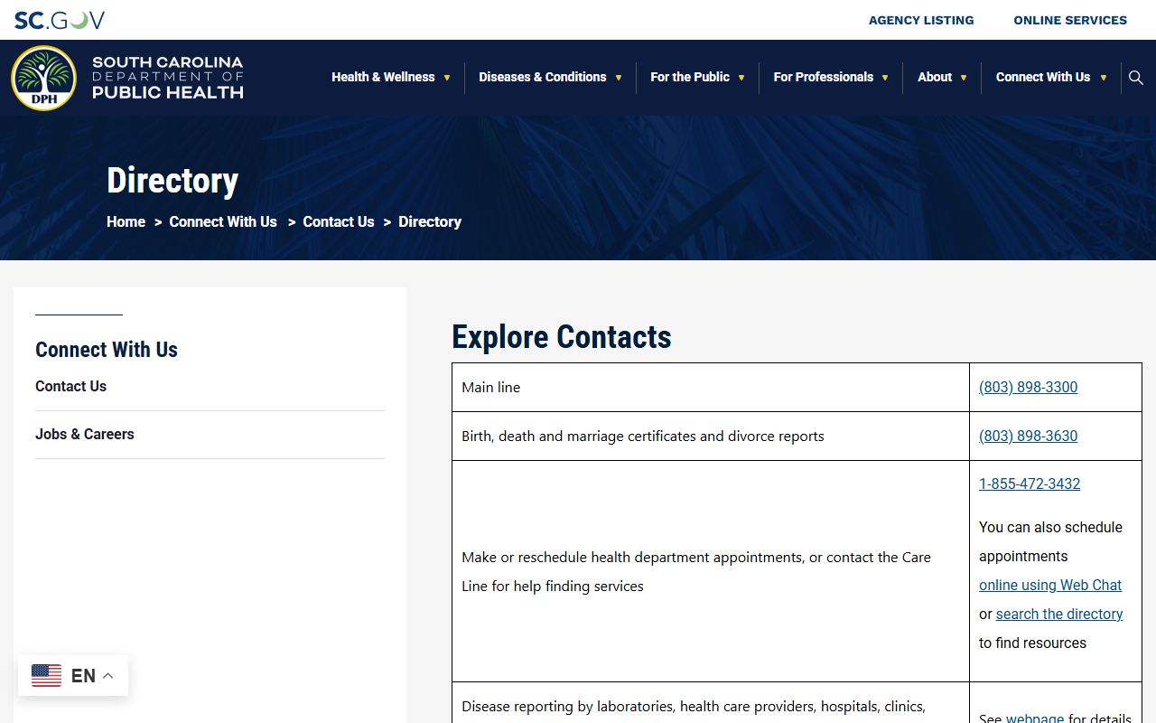 South Carolina Department of Public Health phone directory contacts